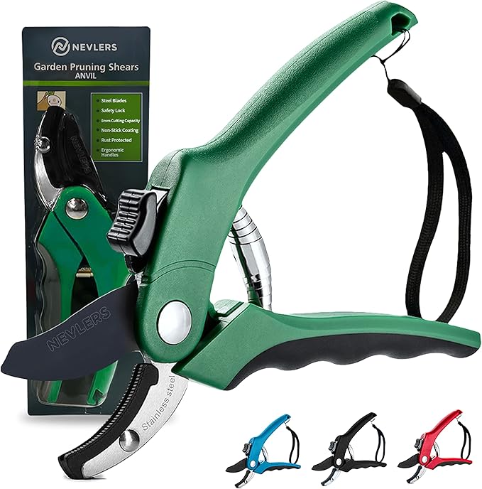 Nevlers 8" Green Anvil Pruning Shears Heavy Duty | Hand Pruners for Gardening w/Steel Blades, Safety Lock & Ergonomic Grip | 8mm Cut Plant Shears & Garden Clippers Handheld for Dead Stems & Branches