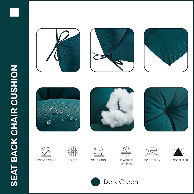Outdoor Indoor Seat/Back Chair Tufted Cushion,All-Weather Patio Chair Cushion with Ties,for Patio Furniture,Dark Green