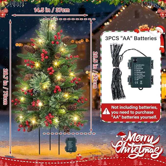 2 Set 20.5 In Christmas Urn Filler for Outdoor Planters, Lighted Artificial Christmas Tree Urn Filler with Cones & Red Berries, Holiday Xmas Pot Fillers Planter Decor for Pathway Porch Yard Decoration