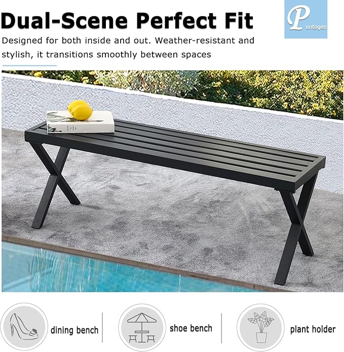 Black Outdoor Bench, 46" Outdoor Metal Backless Bench for Outdoor, Patio Garden Bench, All Wheather Outdoor Bench with cors for Garden, Backyard, Porch, Black