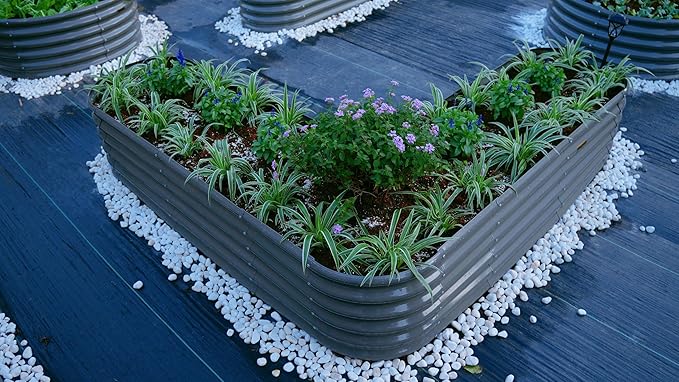 A ANLEOLIFE 14-Piece 18 Inch Tall Raised Garden Beds Kit, Heart-Shaped, Large Oval & Round Metal Planters – Ideal for Backyard Vegetables Flowers Herbs, Quartz Grey