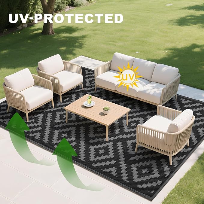 RURALITY Outdoor Rugs 8x10 Feet for Patios Clearance,Plastic Straw Waterproof Mats for Backyard,Porch,Deck,Balcony,Black&Deep Grey