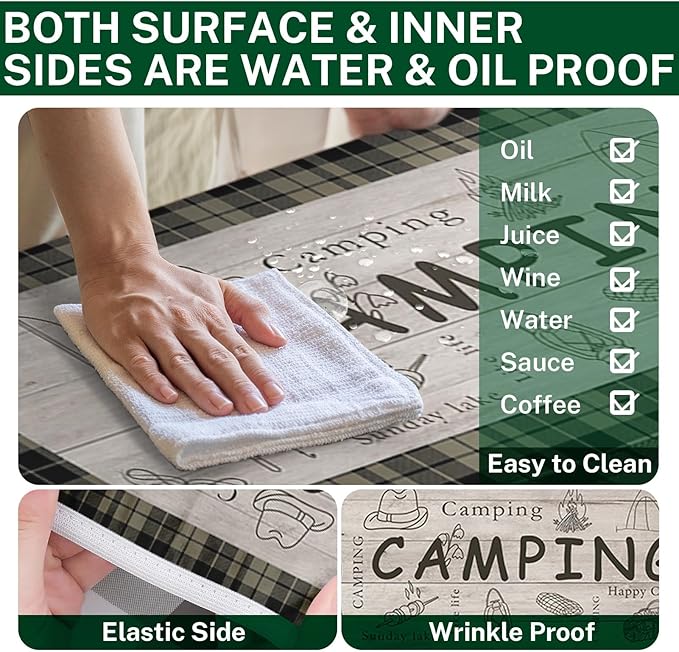Picnic Table Cover with Bench Covers Elastic Edges, Brown Camper Fitted Table Cover, Outdoor Patio Camping Essentials 72 Inch 3PCS, Waterproof Camping Fitted Tablecloth with Drawstring Bag