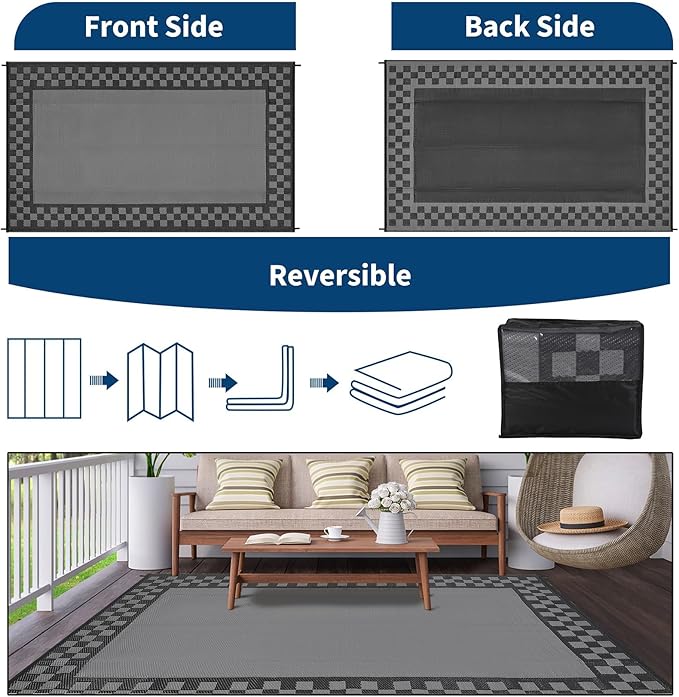 Garvee 8x10 Outdoor Waterproof Rug Reversible Modern Geometric Neutral Outdoor Patio Rug, Weather Resistant Plastic Straw Rugs Portable Camping Carpet for Garden Backyard Balcony,Gray & Black