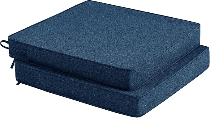 Outdoor Chair Cushions, Water-Resistant & Fade-Resistant, Patio Furniture Square Seat Replacement Chair Pads with Ties, Removable Cover, Non-Slip Bottom, Set of 2, 19 x 19 Inch, Navy Blue