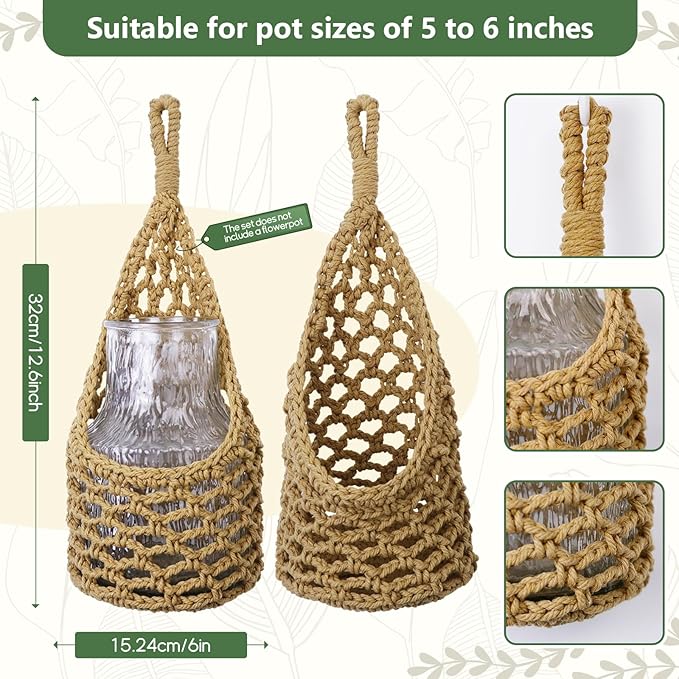 Macrame Wall Plant Hanger, Hanging Planter Basket Holder, Wall Planters for Indoor Plants, for Up to 6 Inch Pot (Brown, 6-Inch)