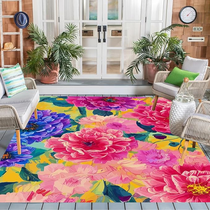 Modern Floral 8x10 Outdoor Area Rug Contemporary Aesthetic Green Purple Pink Flower Texture Rug for Balcony Patio Deck Porch Washable Reversible Garden Large Carpet Waterproof Backyard Mat