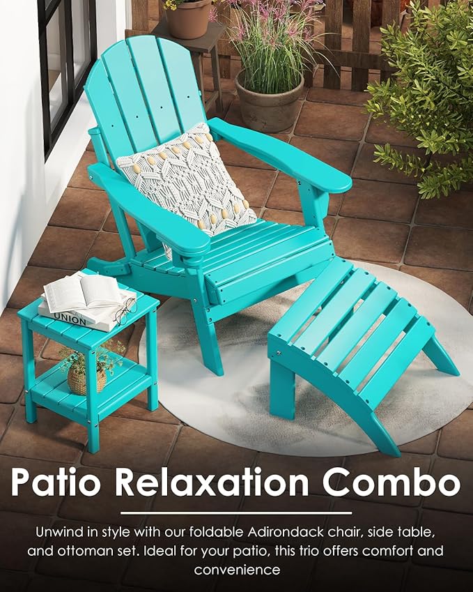 GREENVINES Folding-Adirondack-Chairs-Set-of-2 | HDPE Plastic | Fire Pit Chair | All Weather | Cup Holder | Aqua | for Deck Backyard Patio Outdoor Garden