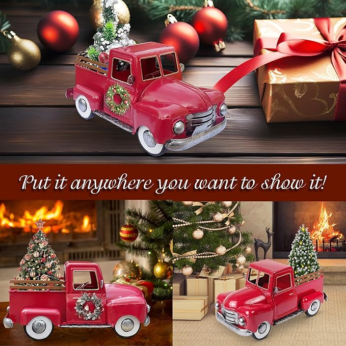 Vintage Red Metal Truck Decor, Red Truck Christmas Decor, Decorative Tabletop Storage,Farmhouse Pickup Truck Planter for Garden Home Holiday Decor