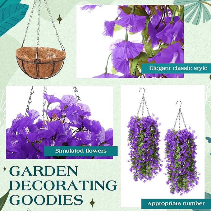 Hotop 2 Set Artificial Hanging Flower Basket and 6 Pcs Bougainvillea Silk Vine Flower for Outdoor Indoor UV Resistant Faux Hanging Plant Coconut Lining Planter Pot(Purple)