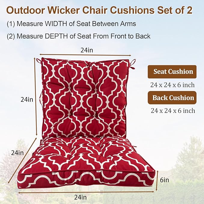 2 Piece Outdoor Patio Chair Cushions, Fade Resistant Outdoor Cushions for Patio Furniture, 6 inch Thickened Rocking Chair Cushions Set (Red Geometric Patterns, 24x24x6 inch - 2 Pieces)