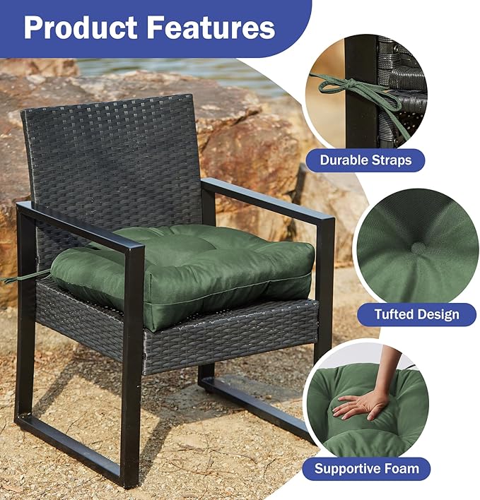 Outdoor Chair Cushions Set of 2, Patio Chair Cushions with Ties, 19x19+5” Tufted Outdoor Seat Cushions, Waterproof Patio Furniture Cushions, Outdoor Dining Chair Pads, Forest Green (Pack of 2)