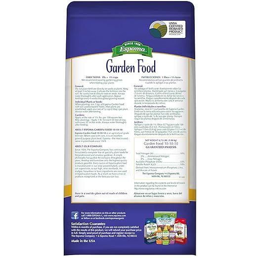 Espoma 10-10-10 Garden Food, 6.75-Pound Bag; Promotes Growth in All Flowering Plants, Trees, Shrubs, and Vegetables. Granular for Easy Application. Pack of One.