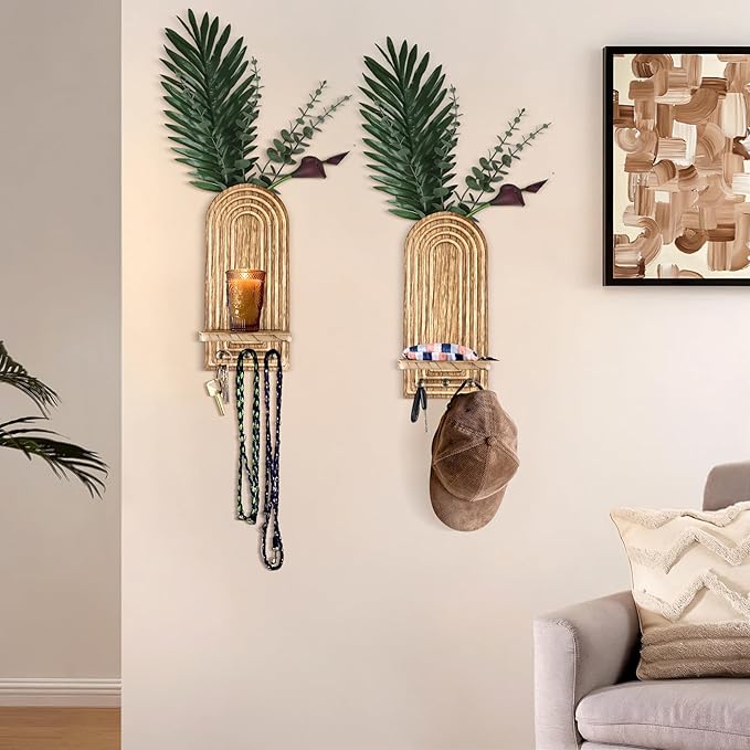 3-in-1 Wooden Wall Organizer - Planter Vase + Candle Sconces + Hooks (No Dried Flower)- Farmhouse Hanging Decor Boho Wall Art for Indoor Plants Artificial Eucalyptus for Living Room Bedroom Nature
