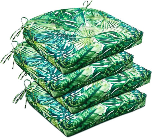 downluxe Outdoor Chair Cushions Set of 4 for Patio Furniture, Water-Resistant Patio Chair Cushions with Ties, High Density Foam Outdoor Seat Cushion, 17" X 16" X 2", Palm Leaves