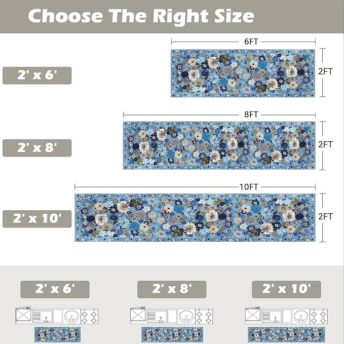 Rug for Hallways Kitchen Rug 2x6, Non Slip Washable Rugs with Rubber Backing Soft Floral Carpet Runner for Hallways, Kitchen, Laundry, Bedroom, Bathroom (Blue Garden, 2 x 6)