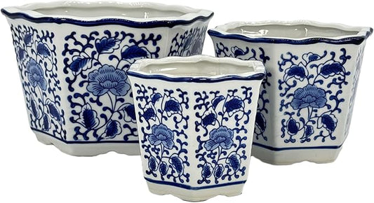 Galt International Blue & White Floral Porcelain Ceramic Decorative Flower Pot 8"/6"/4.5" Garden Pots Chinese Asian Design - Set of 3 Hexagonal