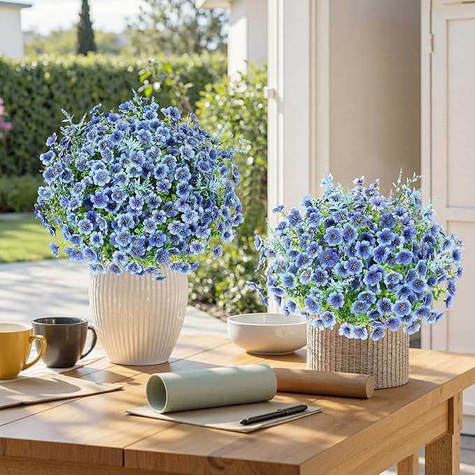 SHareconn 24 Bundles Artificial Flowers for Outdoors Decoration, Faux Plants Fake Silk Colorful Daisy Eucalyptus Lavender, UV Resistant for Outside Home Porch Patio Indoor Spring Decor, Blue