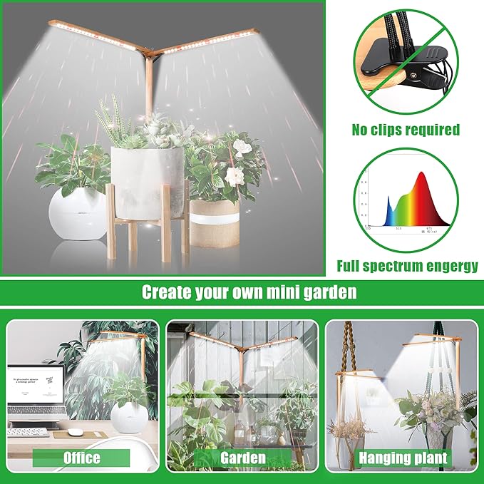 Wooden Grow Lights for Indoor Plants Full Spectrum, Slim Indoor Plant Growing Light with 6000K White Red LEDs 2-Head (Without Timer/Dimming)