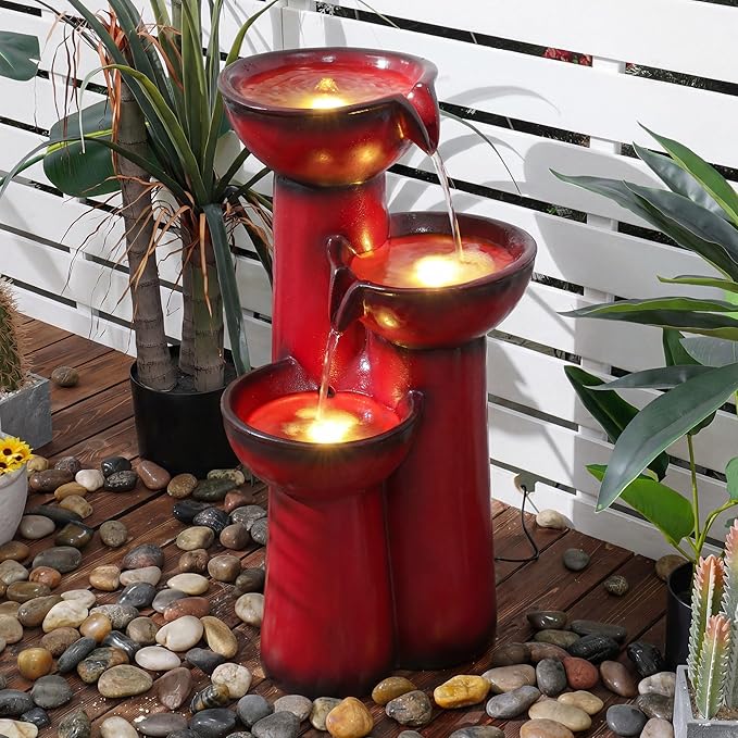 27" Outdoor Water Fountain with LED Lights, 3-Tier Cascading Faux Ceramic Column Water Feature with Pump for Garden Patio Backyard, Weather-Resistant Resin Waterfall for Serene Oasis, Red