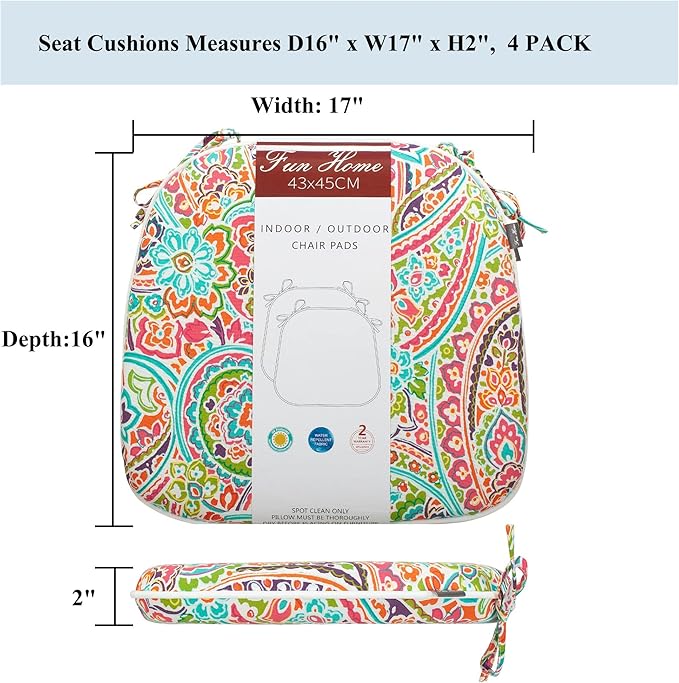 FUNHOME Outdoor Chair Cushions Set of 4, Water-Repellent Seat Cushions D16xW17 Inch, All Weather Chair Pads with Tie, Cushions for Furniture Garden Home Office Decoration, Melora Paisley