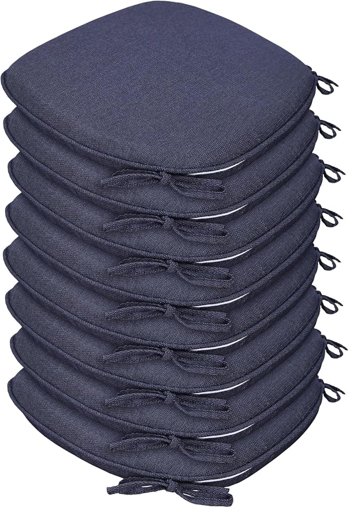 SleepMan Outdoor 17"x16" Chair Cushions with Ties Set of 8, Water Resistant All Weather U-Shape Seat Pads for Patio Garden Furniture Indoor Fade Resistant Patio Cushions (Blue Grey)