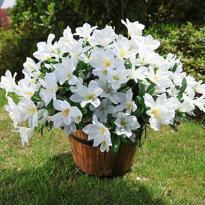INSPRING Artificial Fake Spring Flowers for Outdoors Decoration, 3 Bundles Faux Azalea Plants Flower Look Real UV Resistant Silk Flowers for Outside Planters Patio Porch Garden Yard Window Home, White
