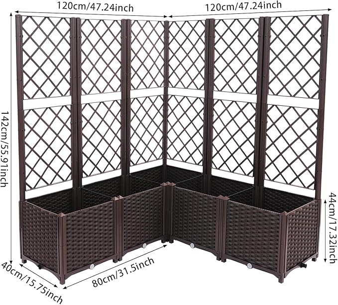 5PCS Raised Garden Bed with Treliis, Freestanding Garden Planter, Detachable Outdoor Planter Box, Vertical Garden Beds with Water Storage Mechanism for Climbing Growing, Backyard (Brown)