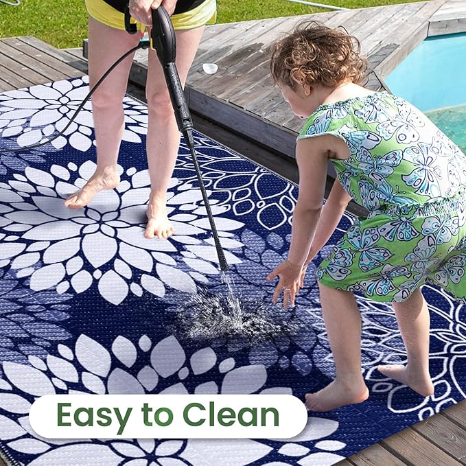 LuxStep Outdoor Rug Waterproof Outdoor Plastic Straw Rug Reversible Patio Rug Mat Outdoor Decor Large Area Mats for RV, Picnic, Backyard, Deck, Balcony, Porch, Beach, Camping, 8' x 10' Blue
