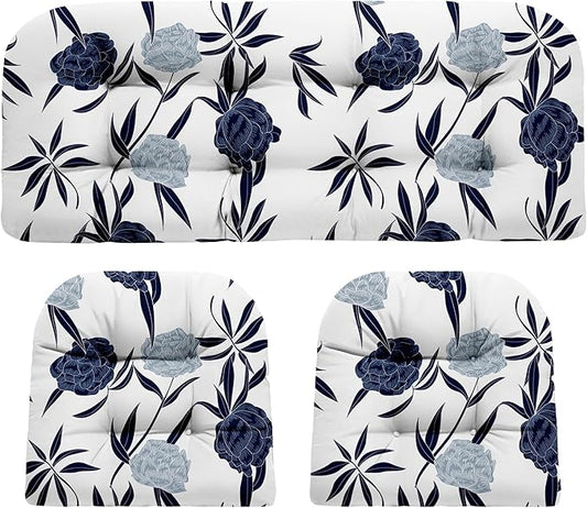 Wicker Chair Cushions, Waterproof Outdoor Loveseat Cushions for Patio Furniture, Tufted Wicker Furniture Cushions, 1 Loveseat and 2 U-Shaped Cushions (Blue Enchantress)