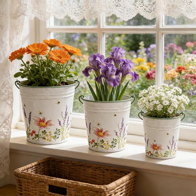 3-Piece Floral Metal Planter Bucket Set - Rustic Lavender Decorative Flower Pots for Succulents, Herbs & Indoor/Outdoor Garden, Flower Arranging, Wedding Party Home Decor Accents