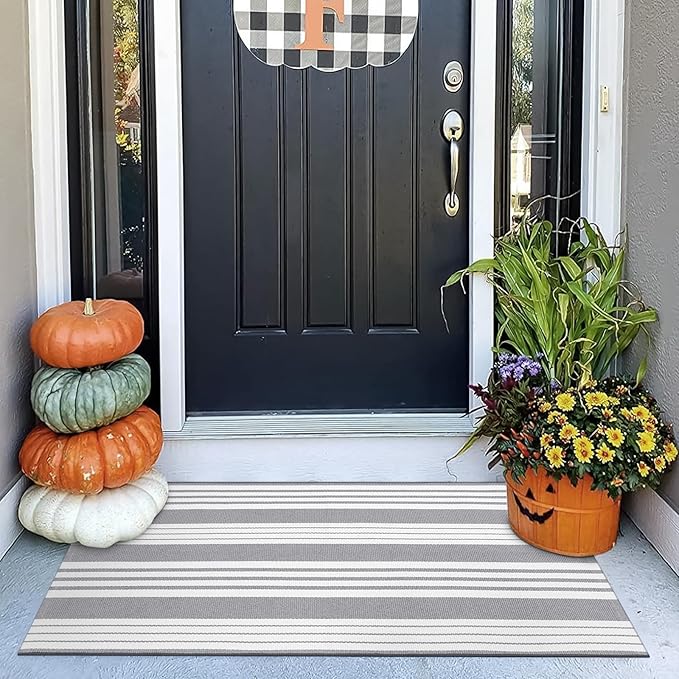 OJIA Front Door Rug 24''x51'' Gray and White Striped Outdoor Rug Machine Washable Porch Rug Front Door Mat Outdoor Indoor Area Rugs Cotton Woven Entry Mat for Home Entrance/Farmhouse Decor