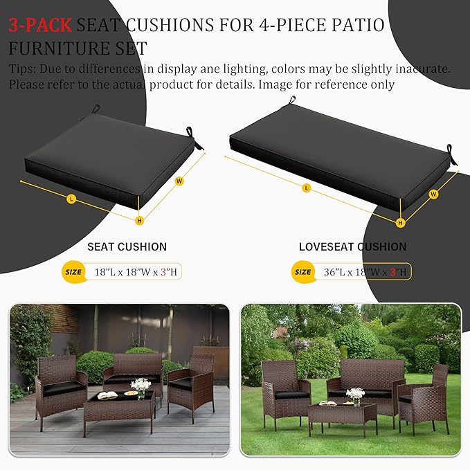 3 Pack Outdoor Replacement Cushions, Fit for 4-Seater Wicker Rattan Patio Conversation Set, 36x18x3,18x18x3, Liner & Cover