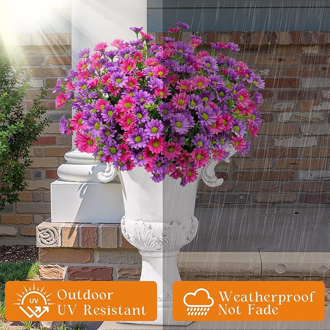 16 Bundles Silk Daisy Artificial Flowers for Outdoors UV Resistant Fake Daisies Plastic Plants Flower for Home Outside Front Door Porch Garden Patio Planters Decoration (Double Purple)