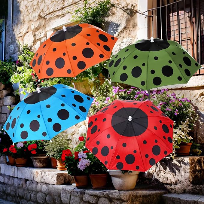 4 Pack Plant Umbrellas for Outdoor Plants, Upgraded Joints-enhanced Wind Resistance, Adjustable Height, Large Garden Umbrella Shade for Potted Plants Bed Flower Pot(Ladybug Mixed Color)