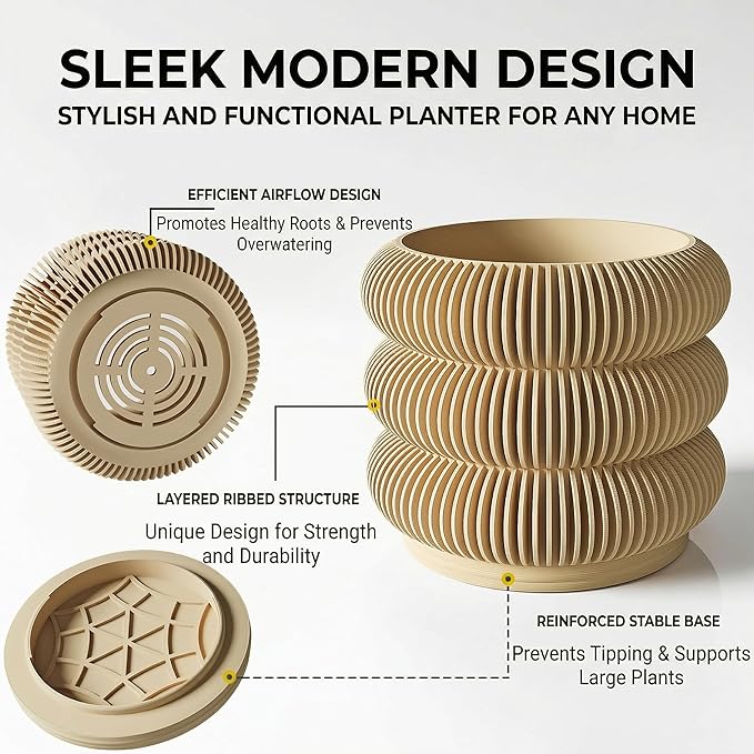 Fabix 4.7/6" 3D Printed Plant Pots - Unique Bubble Ring Modern Planters for Indoor Plants, Durable -Friendly PLA Flower Pots with Drainage for Succulents, Cactus, Home Office Décor. (Wood)