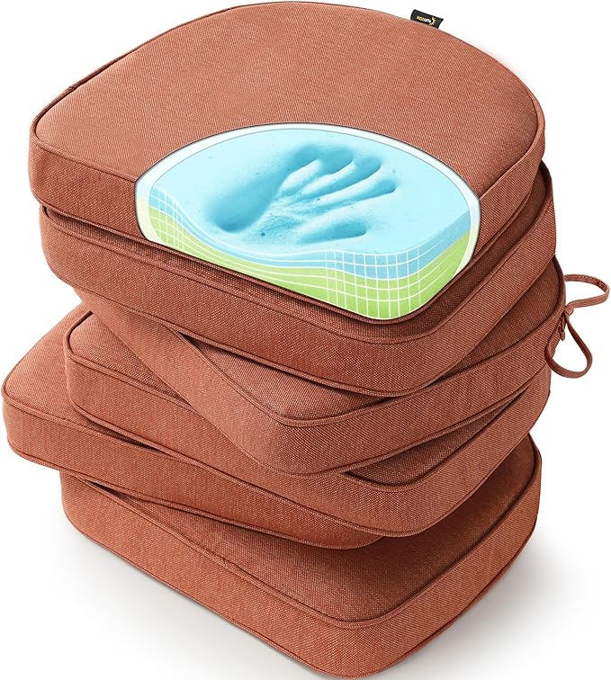 SUNROX Gel Memory Foam Chair Cushions, FadeShield Water-, Stain-Resistant Durable Reversible Seat Cushion Pads with Ties for Indoor/Outdoor Kitchen Dining Office 17"x16" Set of 6, Terracotta