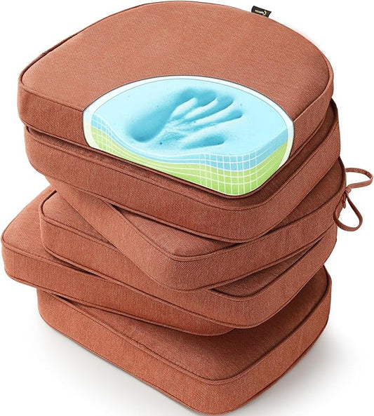 SUNROX Gel Memory Foam Chair Cushions, FadeShield Water-, Stain-Resistant Durable Reversible Seat Cushion Pads with Ties for Indoor/Outdoor Kitchen Dining Office 17"x16" Set of 6, Terracotta