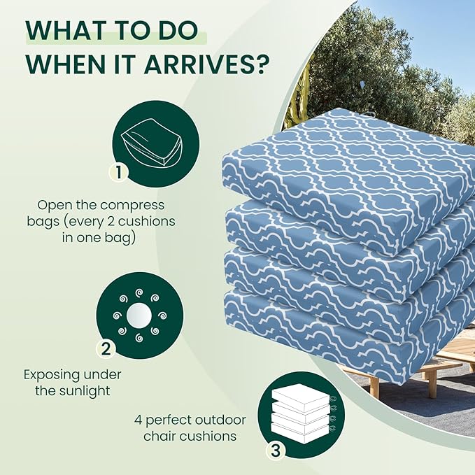 HARBOREST Outdoor Chair Cushions Set of 4, Water Resistant Patio Chair Cushions with Ties, Square Corner Outdoor Seat Cushions for Patio Furniture, 18.5"x16"x3", Blue Geometry