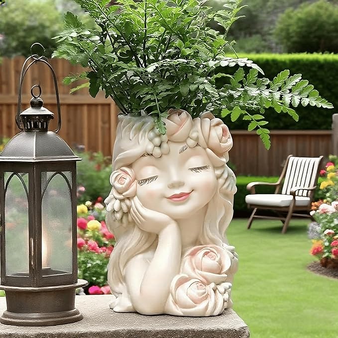 Teaeeno Decorative Garden Fairy Head Planter, Resin Flower Pot Sculpture, Pearl White with Rose Details