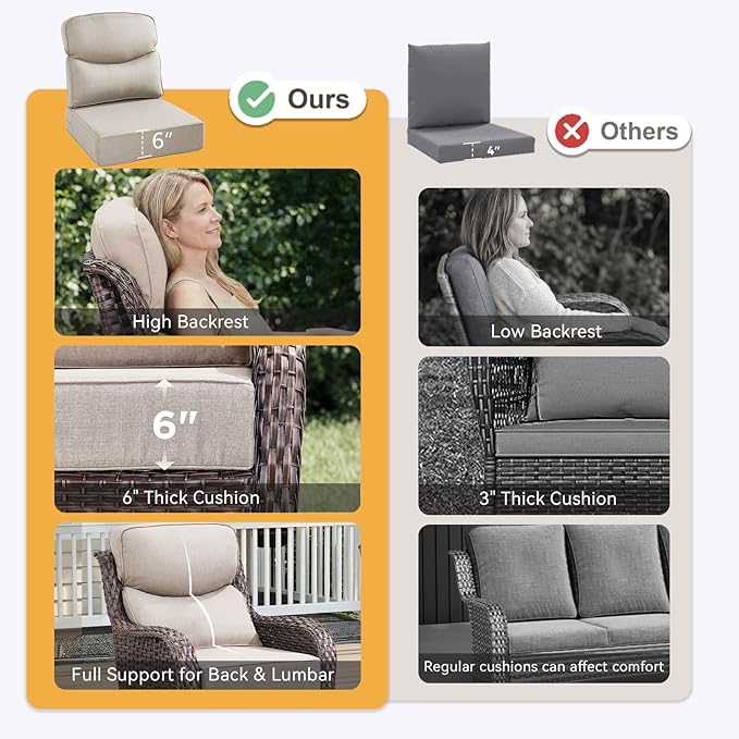 Outdoor Cushion Set for Patio Furniture, UV Resistant, Water Resistant - 6 Inch Thick Dual Layer Back Support Cushions– 24x24 Inch Patio Seat Covers for Chair/Sofa/Couch | Beige | 3-Pack |