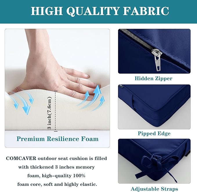 Outdoor Bench Cushions 45 x 18 Inch Thick Waterproof Porch Swing Cushions with Tie Patio Furniture Chair Cushion Bench Pad Color Fastness Backyard Seat Pads Navy