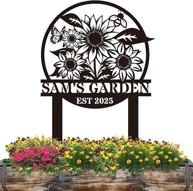 Personalized Metal Garden Sign, Custom Sunflower Decor with Stake, Metal Yard Art, Garden Name Sign,Outdoor Decor,Patio Decoration,Home Present,Gardeners & Planters Gift