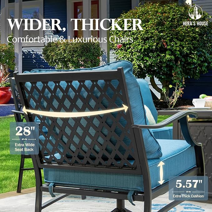 HERA'S HOUSE 7 Piece Patio Furniture Set, 4 x Leg Chair, 2 x Cushioned Ottoman, 1 x 3-Seat Sofa, All Cushioned 9 Seats Metal Outdoor Conversation Set for Lawn Garden Backyard