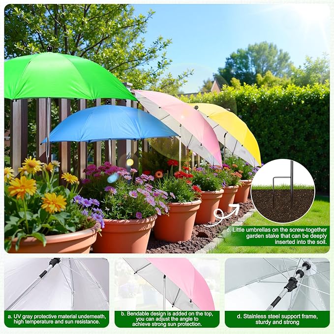 Garden Umbrellas for Plants, 4 Pack Plant Umbrellas for Outdoor Plants, 25" Large Plant Shade Umbrella with Stake for Potted Plants, Adjustable Angle 43.3" Height Plant Sun Shade Cover UV Protection