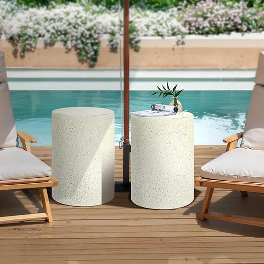 LuxenHome Cream with Speckled Gray Cement Round Indoor Outdoor Side and End Table (Set of 2)