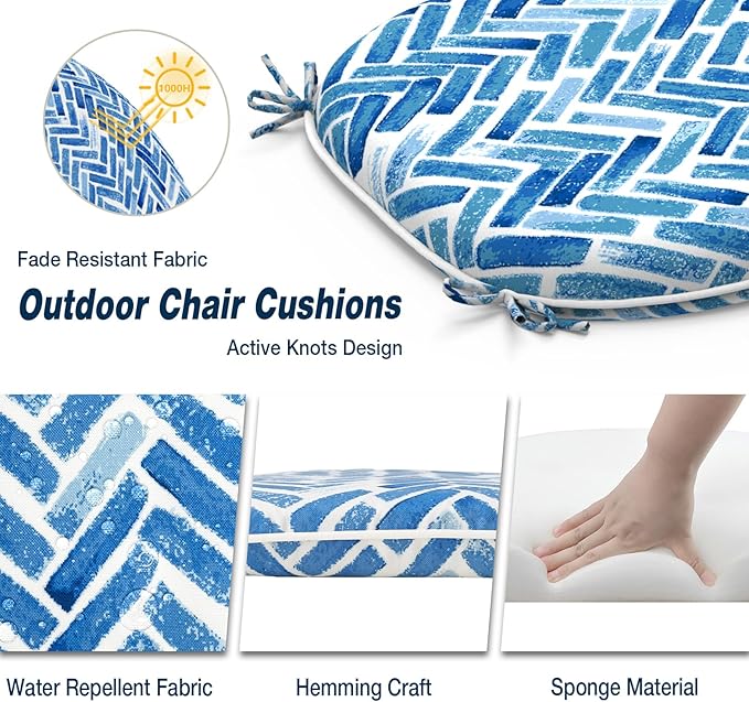 Outdoor Chair Cushions Set of 4, Water Resistant Patio Chair Pads with Ties, Seat Cushions for Home Garden Furniture Decoration, 16"x17", Blue Bricks