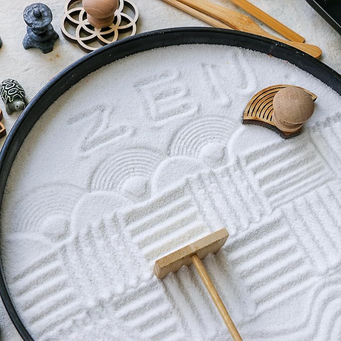 Zen Garden Rake Stamp Tools - Meditation Rock Sand Garden Accessories – Office Desktop Mini Zen Gifts for Man Women Bamboo Rakes Holder Brusher Spoon Figurines