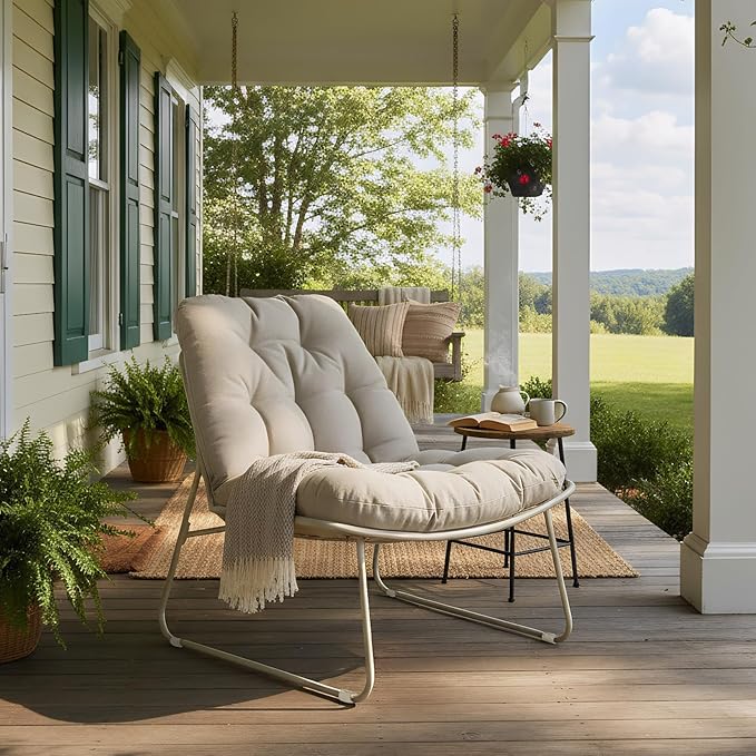 Grand patio Outdoor Chair with Cushion, Modern Metal Outdoor Lounge Chair for Patio Porch Deck Garden, Weather Resistant and Easy to Maintain, Beige