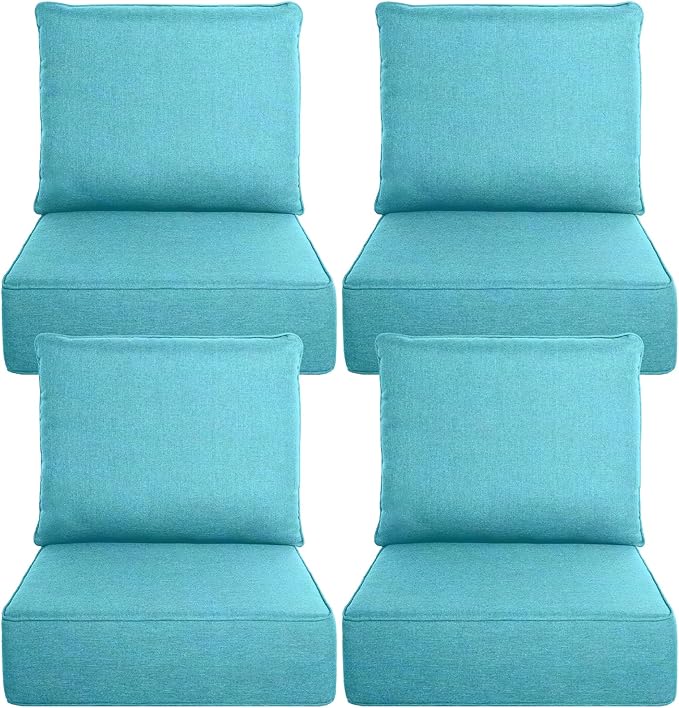 Belord Luxury 6" Thick Outdoor Cushion 4 Set - 24 x24 Inch 28D Sponge Filling Fade-Resistant Chair Cushion, Spill Proof Removable Patio Furniture Replacement Cushion for Sofa Bench Swing - Turquoise